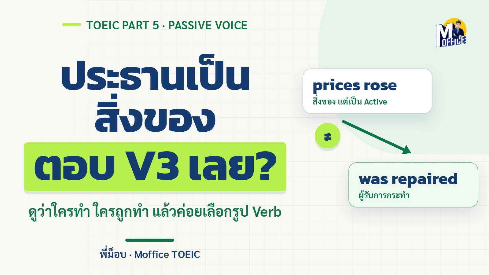 ปกบทความ TOEIC Passive Voice เตือนว่าสิ่งของเป็นประธานไม่ได้หมายความว่าต้องตอบ V3 ทุกครั้ง