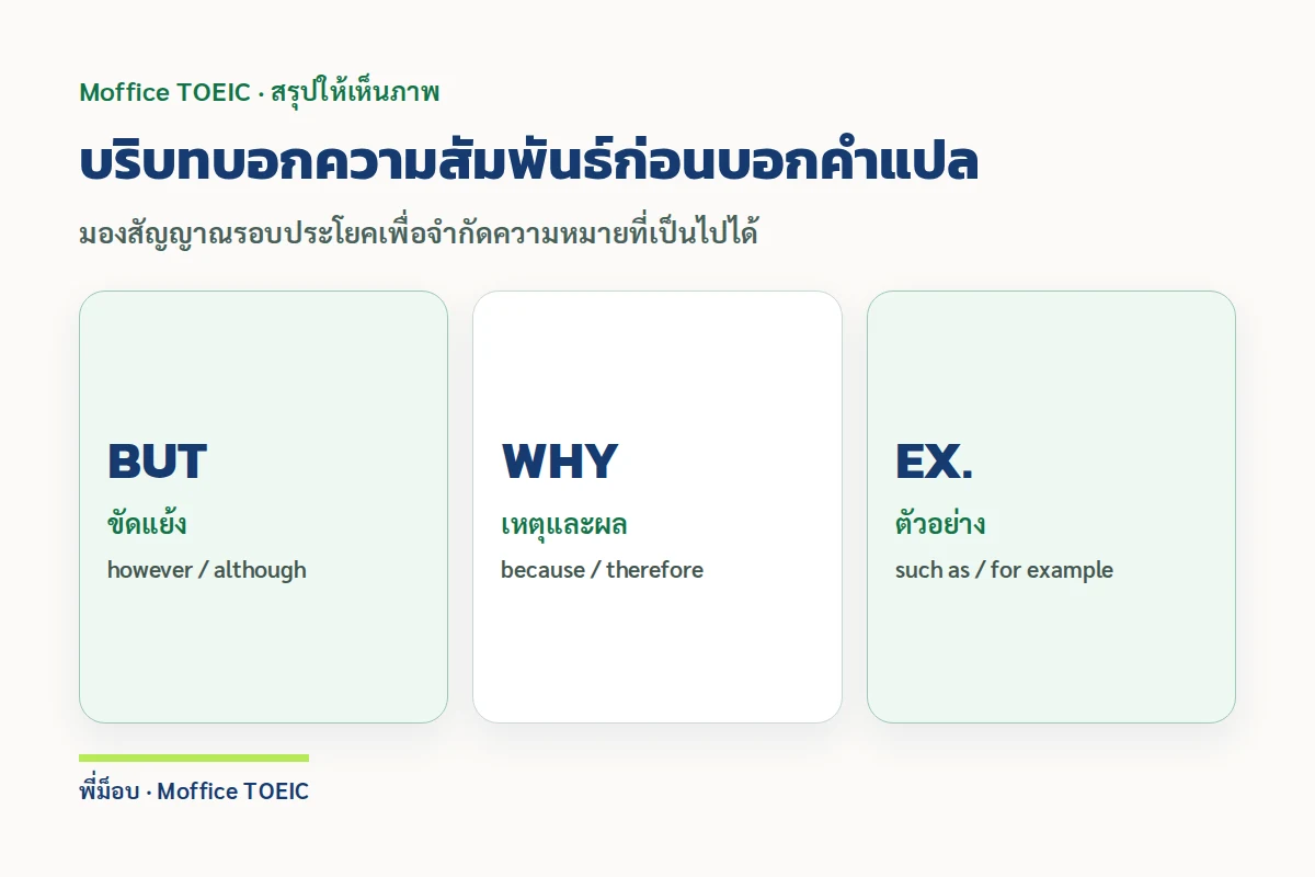 บริบทบอกความสัมพันธ์ก่อนบอกคำแปล — มองสัญญาณรอบประโยคเพื่อจำกัดความหมายที่เป็นไปได้