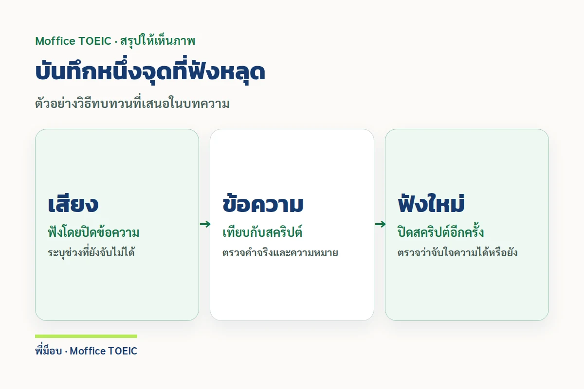 บันทึกหนึ่งจุดที่ฟังหลุด — ตัวอย่างวิธีทบทวนที่เสนอในบทความ