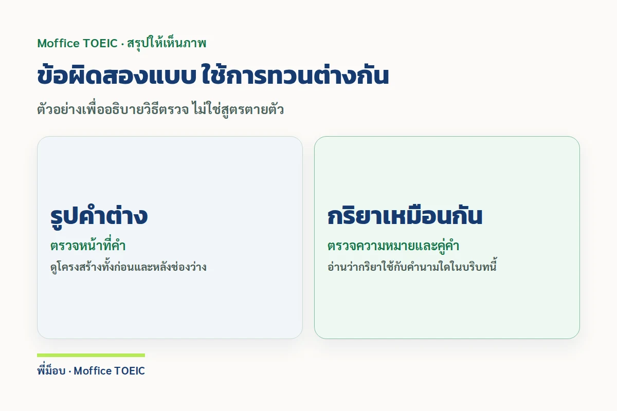 ข้อผิดสองแบบ ใช้การทวนต่างกัน — ตัวอย่างเพื่ออธิบายวิธีตรวจ ไม่ใช่สูตรตายตัว