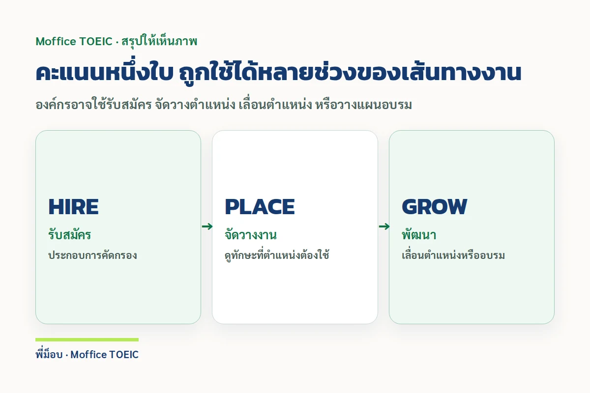 คะแนนหนึ่งใบ ถูกใช้ได้หลายช่วงของเส้นทางงาน — องค์กรอาจใช้รับสมัคร จัดวางตำแหน่ง เลื่อนตำแหน่ง หรือวางแผนอบรม