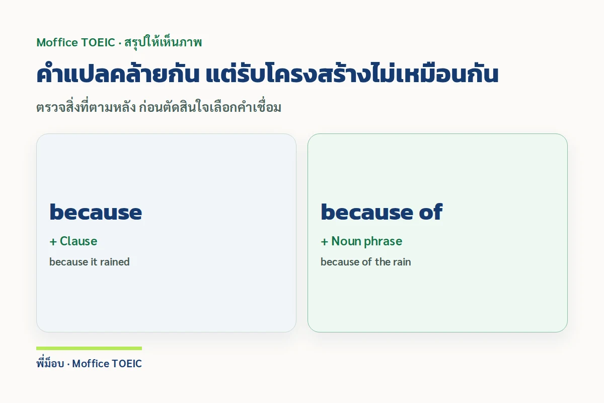 คำแปลคล้ายกัน แต่รับโครงสร้างไม่เหมือนกัน — ตรวจสิ่งที่ตามหลัง ก่อนตัดสินใจเลือกคำเชื่อม
