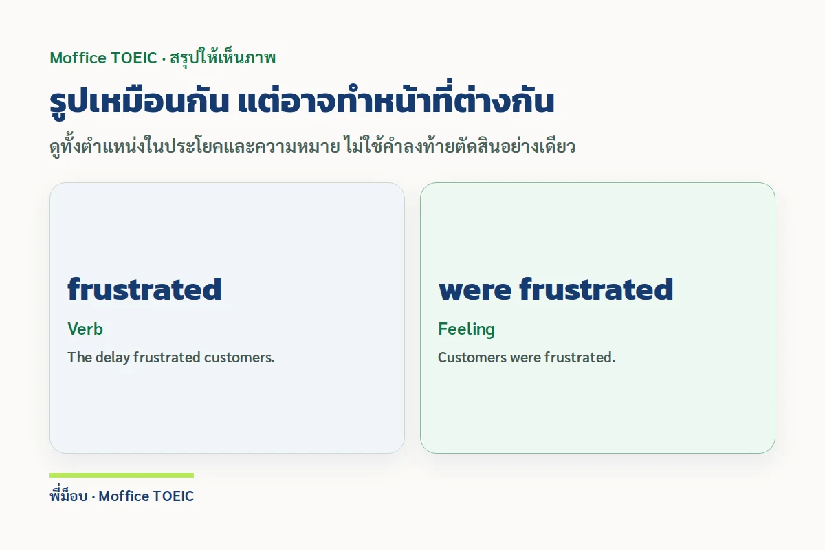 รูปเหมือนกัน แต่อาจทำหน้าที่ต่างกัน — ดูทั้งตำแหน่งในประโยคและความหมาย ไม่ใช้คำลงท้ายตัดสินอย่างเดียว