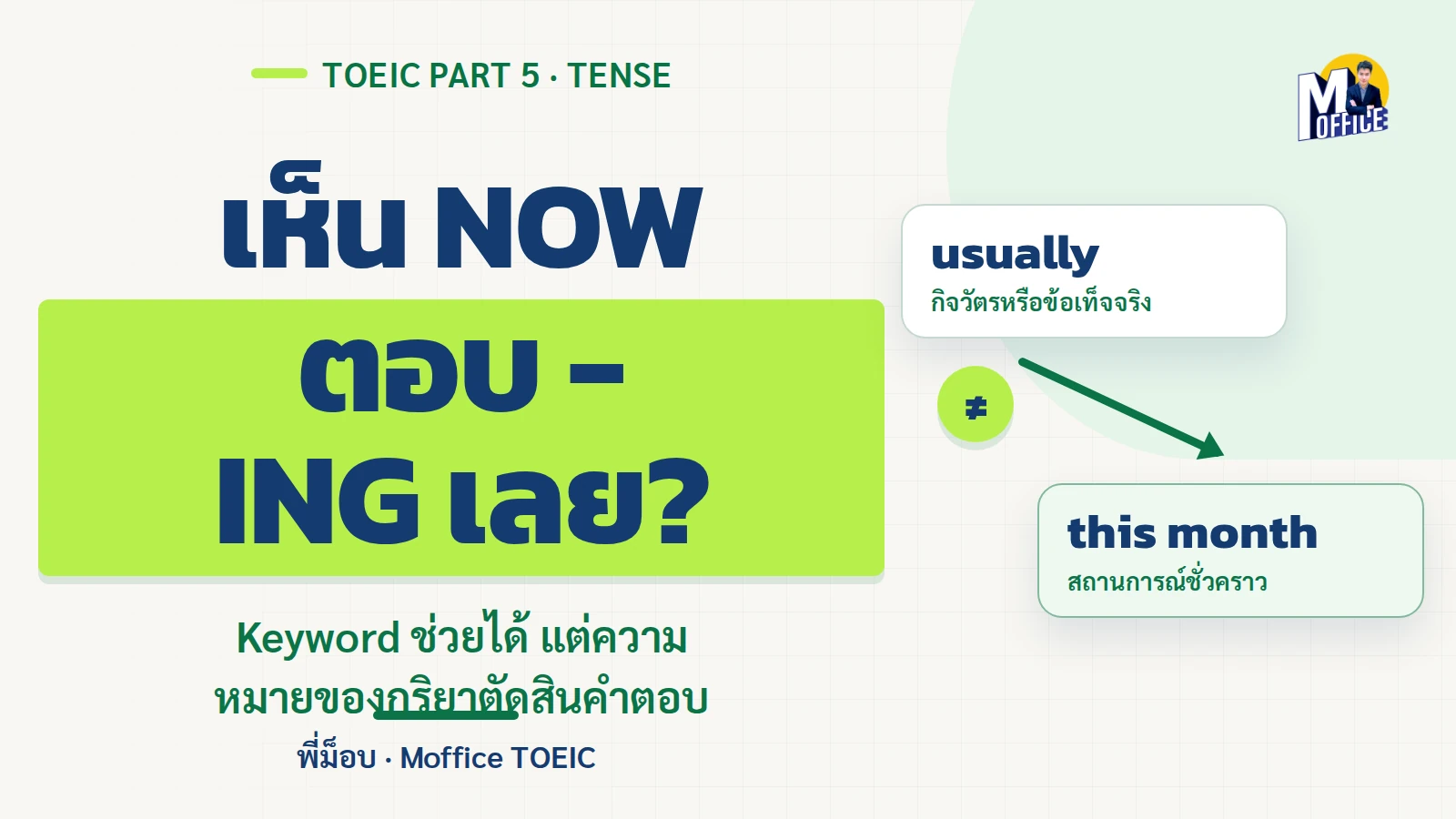 ปกบทความ Present Simple vs Present Continuous ใน TOEIC เตือนว่าเห็น now ไม่ควรตอบ ing ทันที