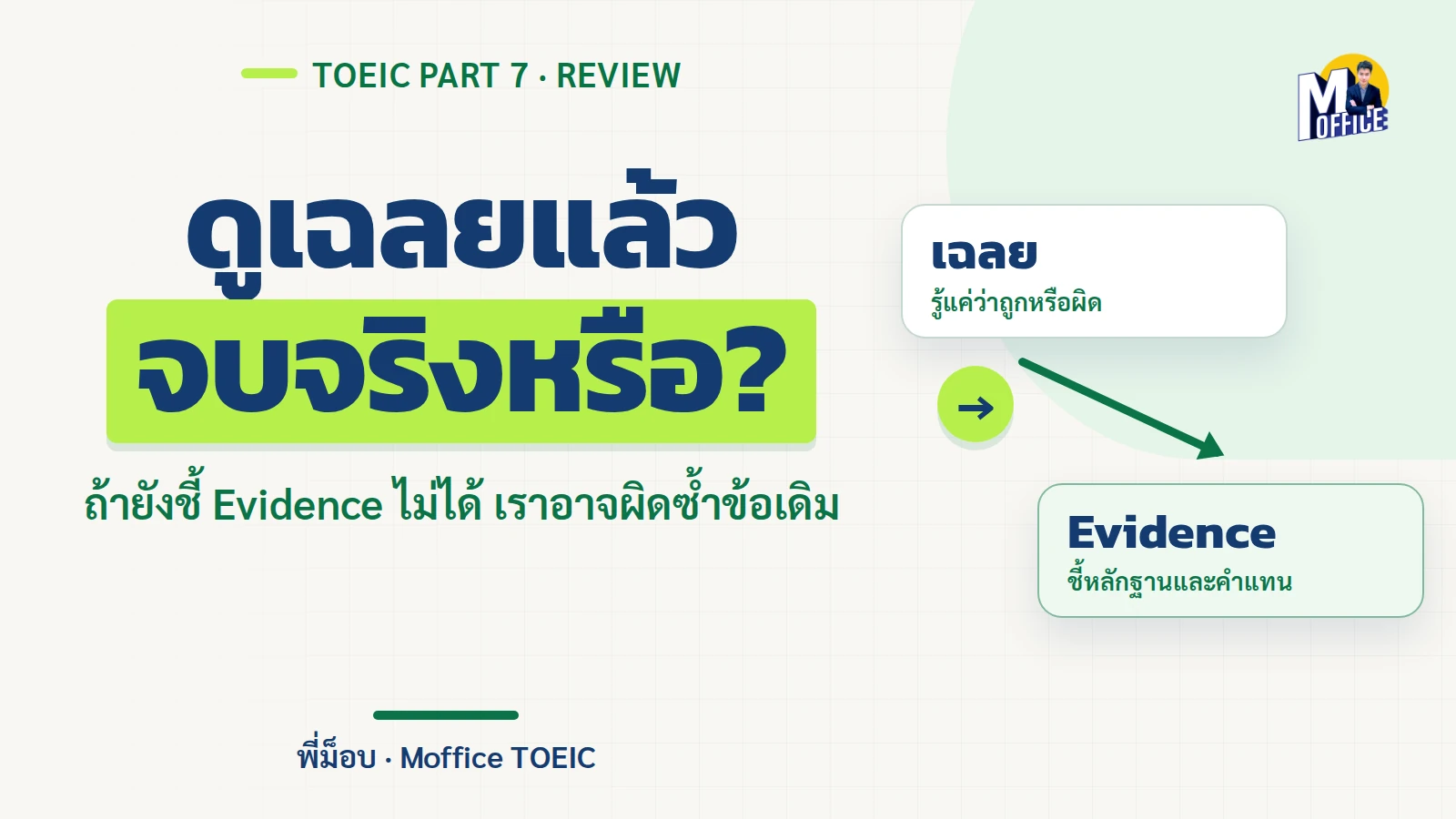 ปกบทความ Review TOEIC Reading แสดงว่าการดูเฉลยอย่างเดียวยังไม่พอ ต้องย้อนหาหลักฐาน