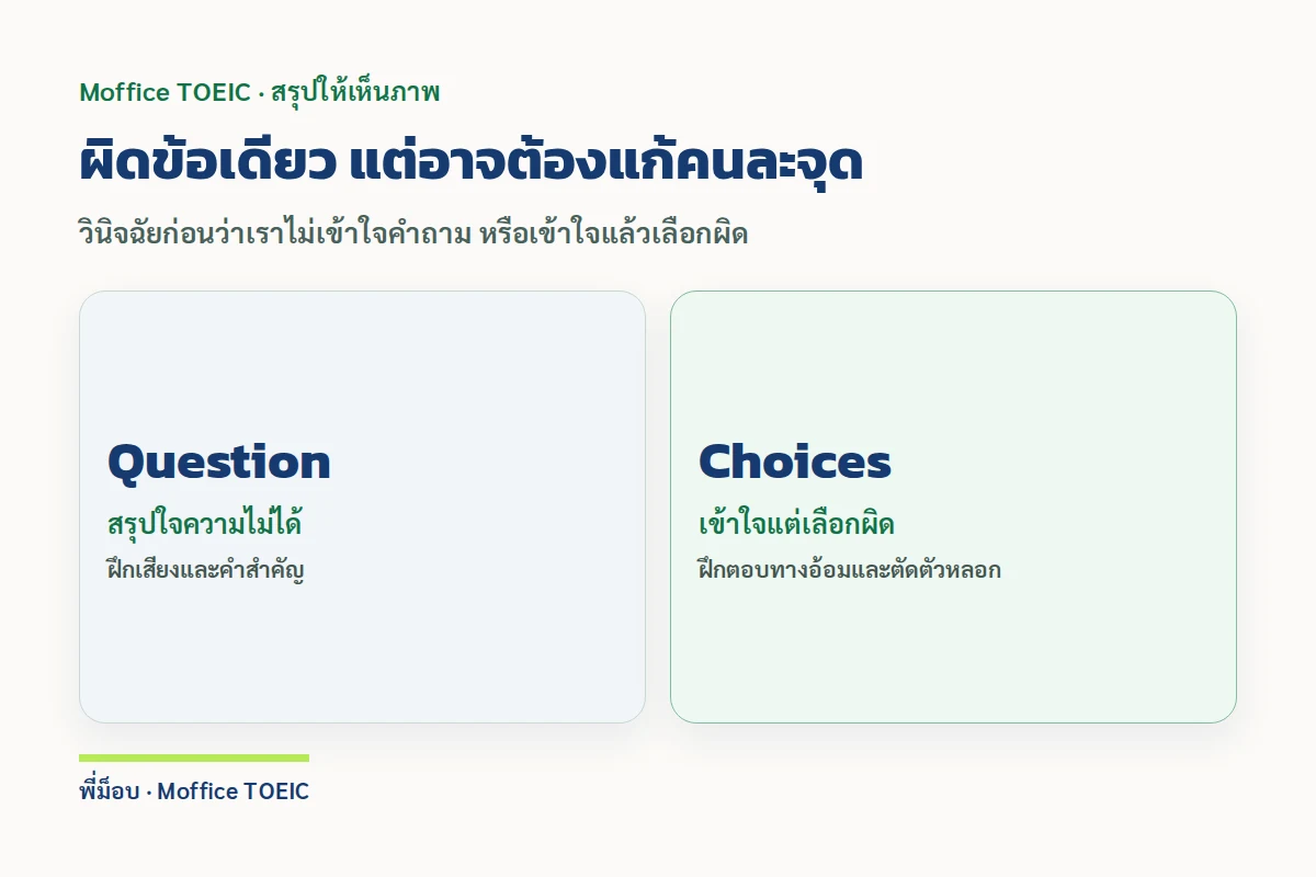 ผิดข้อเดียว แต่อาจต้องแก้คนละจุด — วินิจฉัยก่อนว่าเราไม่เข้าใจคำถาม หรือเข้าใจแล้วเลือกผิด