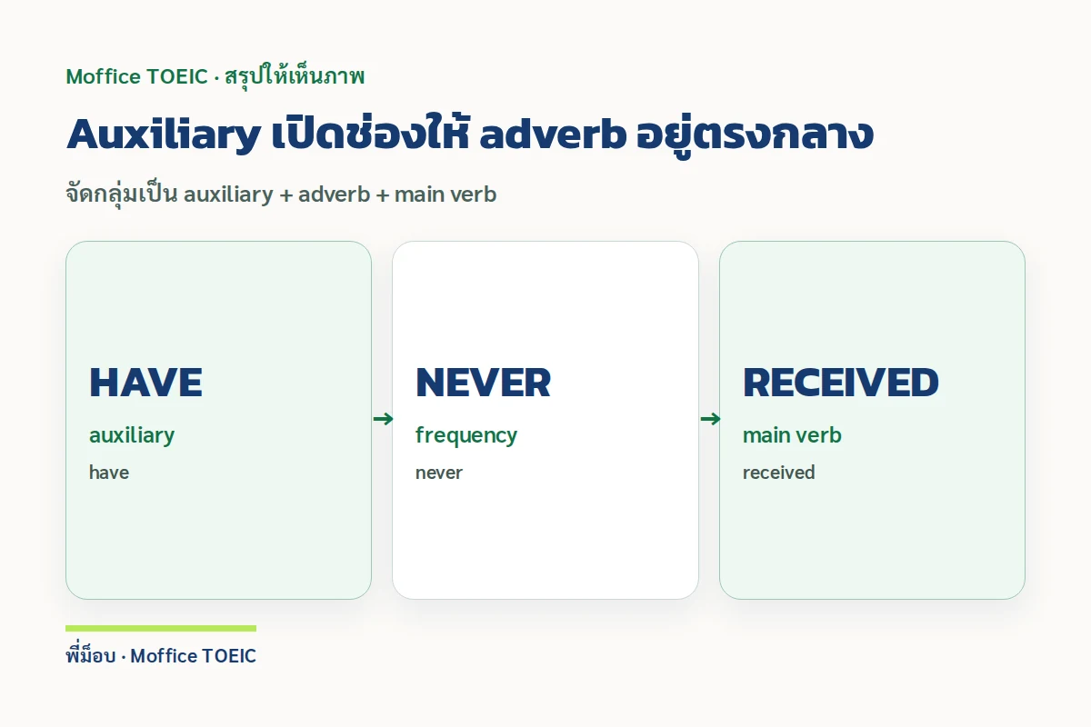Auxiliary เปิดช่องให้ adverb อยู่ตรงกลาง — จัดกลุ่มเป็น auxiliary + adverb + main verb