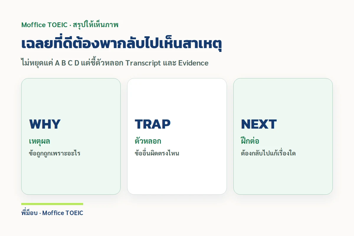 เฉลยที่ดีต้องพากลับไปเห็นสาเหตุ — ไม่หยุดแค่ A B C D แต่ชี้ตัวหลอก Transcript และ Evidence