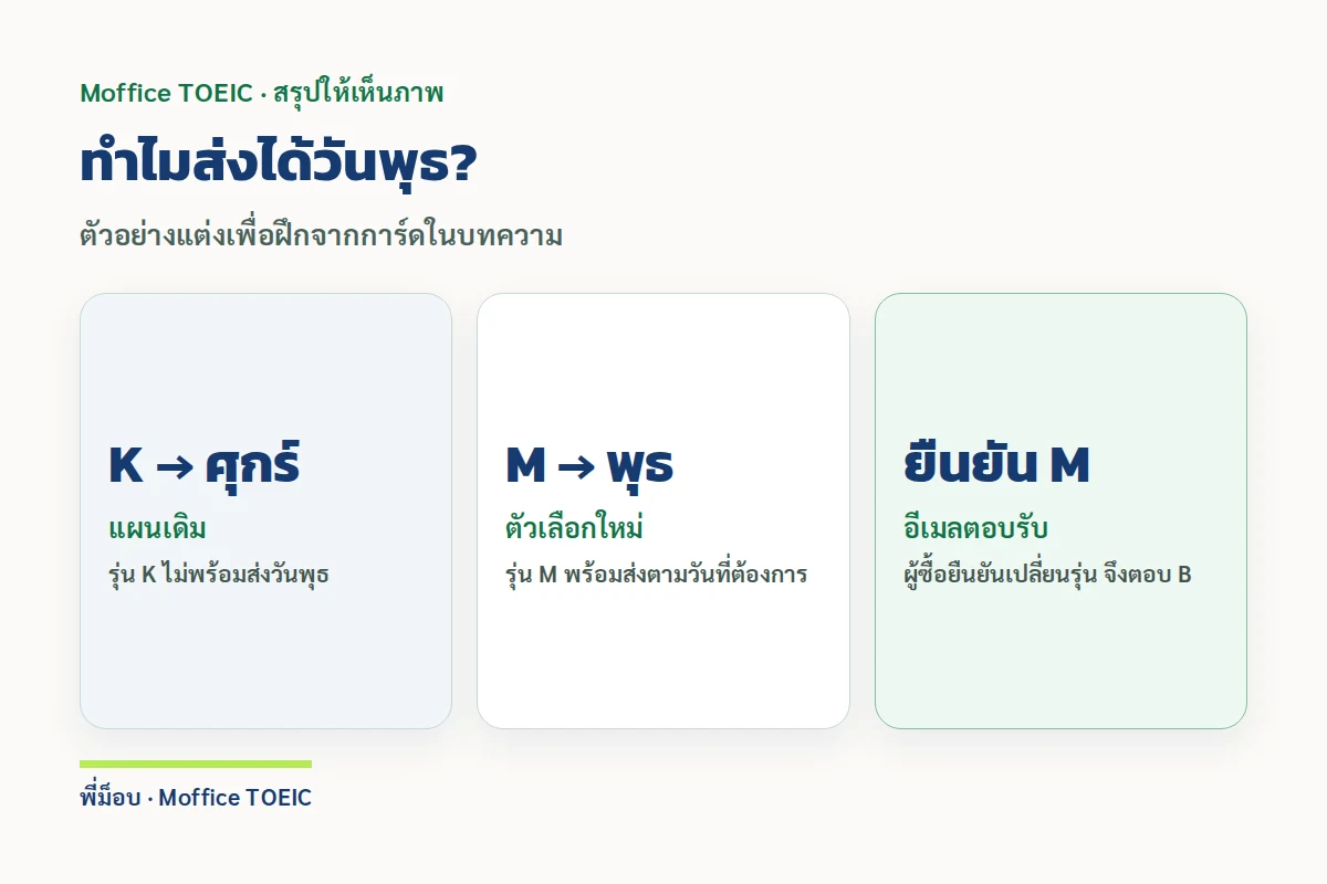 ทำไมส่งได้วันพุธ? — ตัวอย่างแต่งเพื่อฝึกจากการ์ดในบทความ