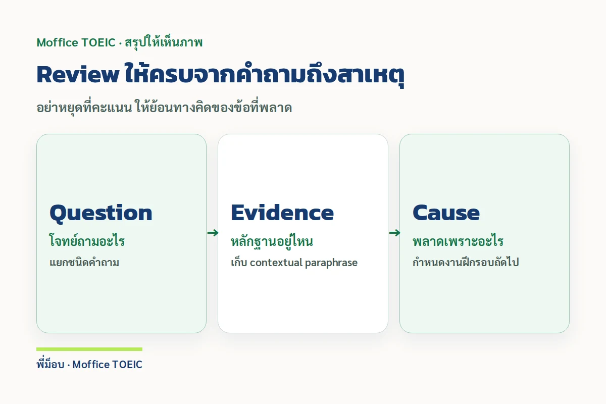 Review ให้ครบจากคำถามถึงสาเหตุ — อย่าหยุดที่คะแนน ให้ย้อนทางคิดของข้อที่พลาด