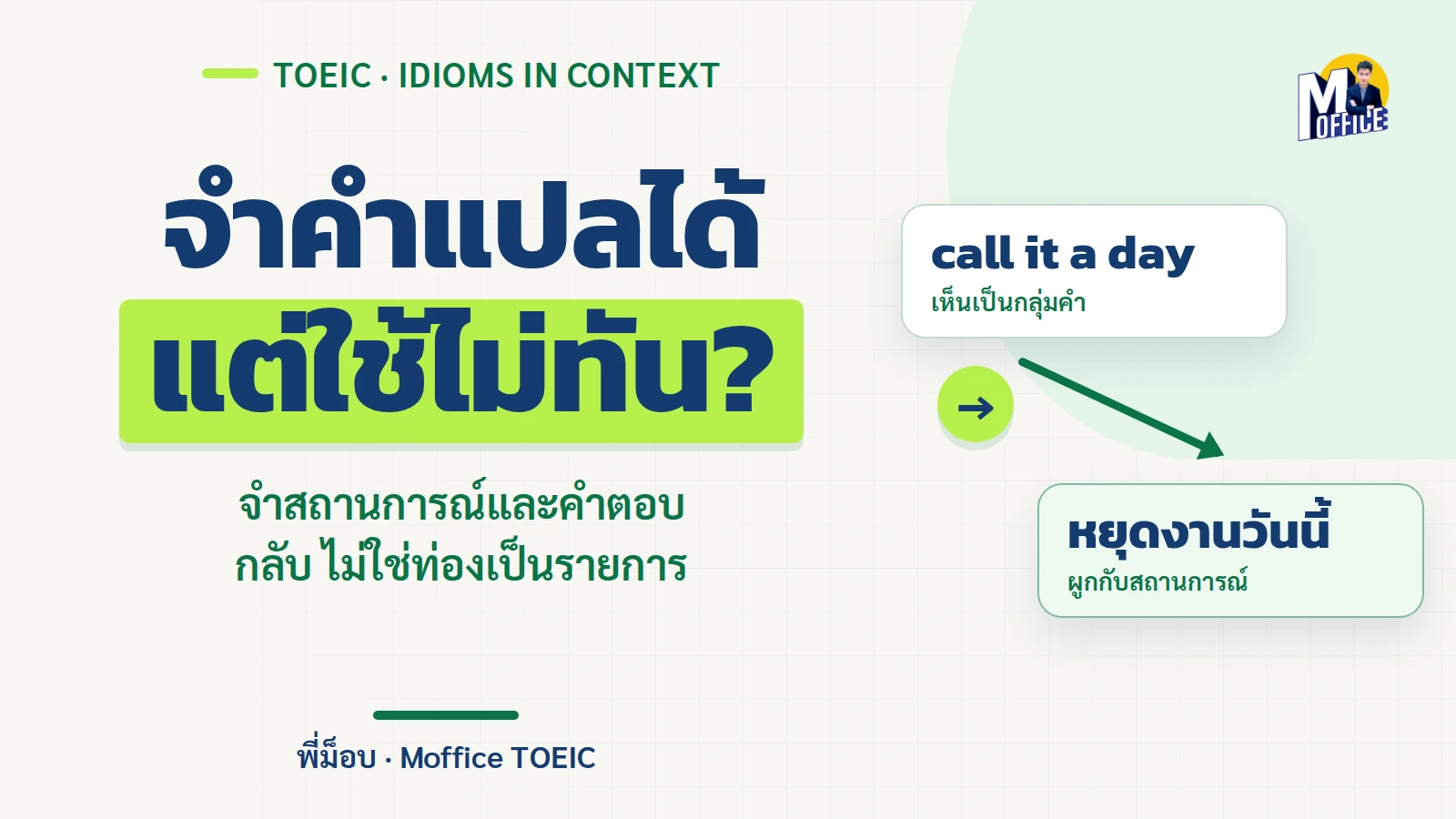 ปกบทความ TOEIC Idioms แสดงว่าการจำคำแปลอย่างเดียวยังไม่พอ ต้องจำสถานการณ์และประโยคตอบกลับ
